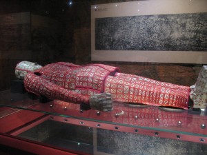 A full-body suit of jade found in the tomb. Jade is often called "Crazy Stone" in China because of its fluctuating value. 